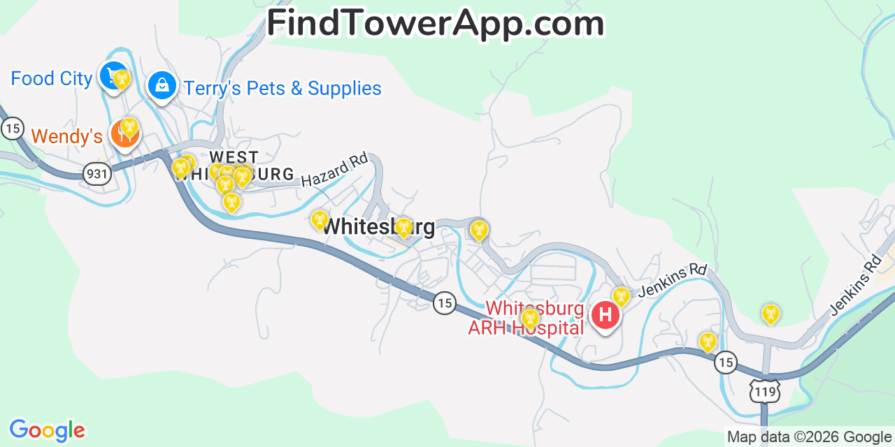 Map showing the 20 primary cell tower locations detected in Whitesburg, Kentucky from AT&T, Verizon, and T-Mobile networks