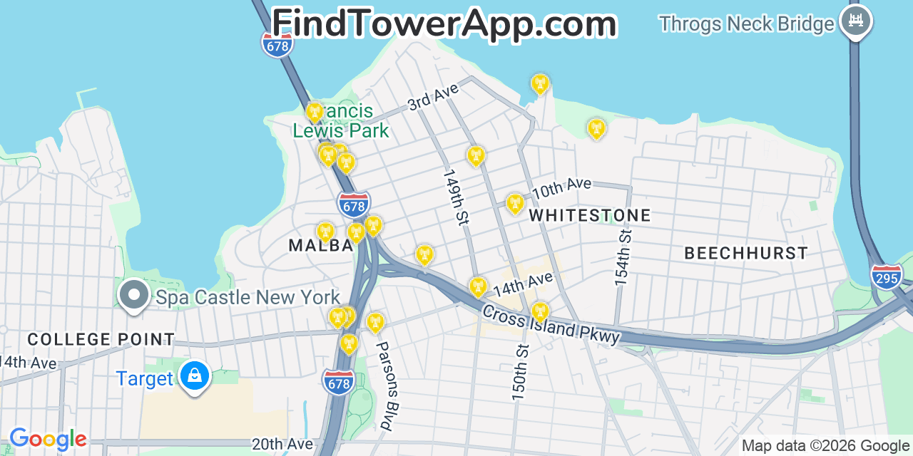 Map showing the 20 primary cell tower locations detected in Whitestone, New York from AT&T, Verizon, and T-Mobile networks