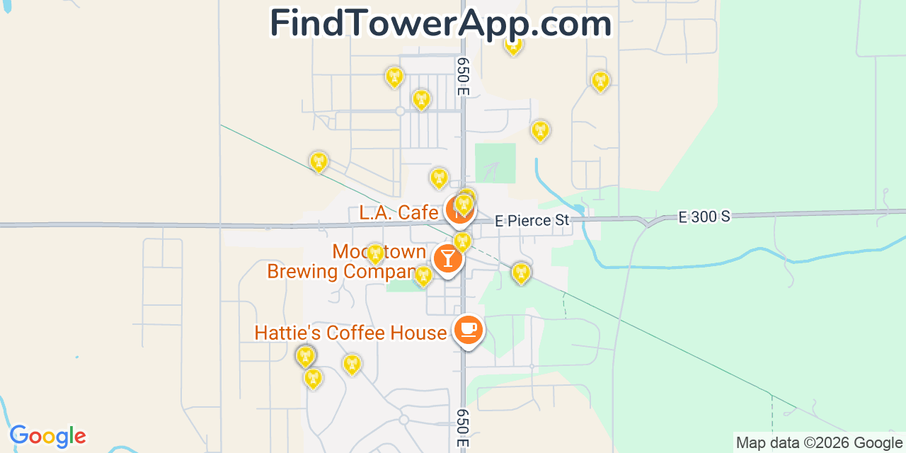 Map showing the 20 primary cell tower locations detected in Whitestown, Indiana from AT&T, Verizon, and T-Mobile networks