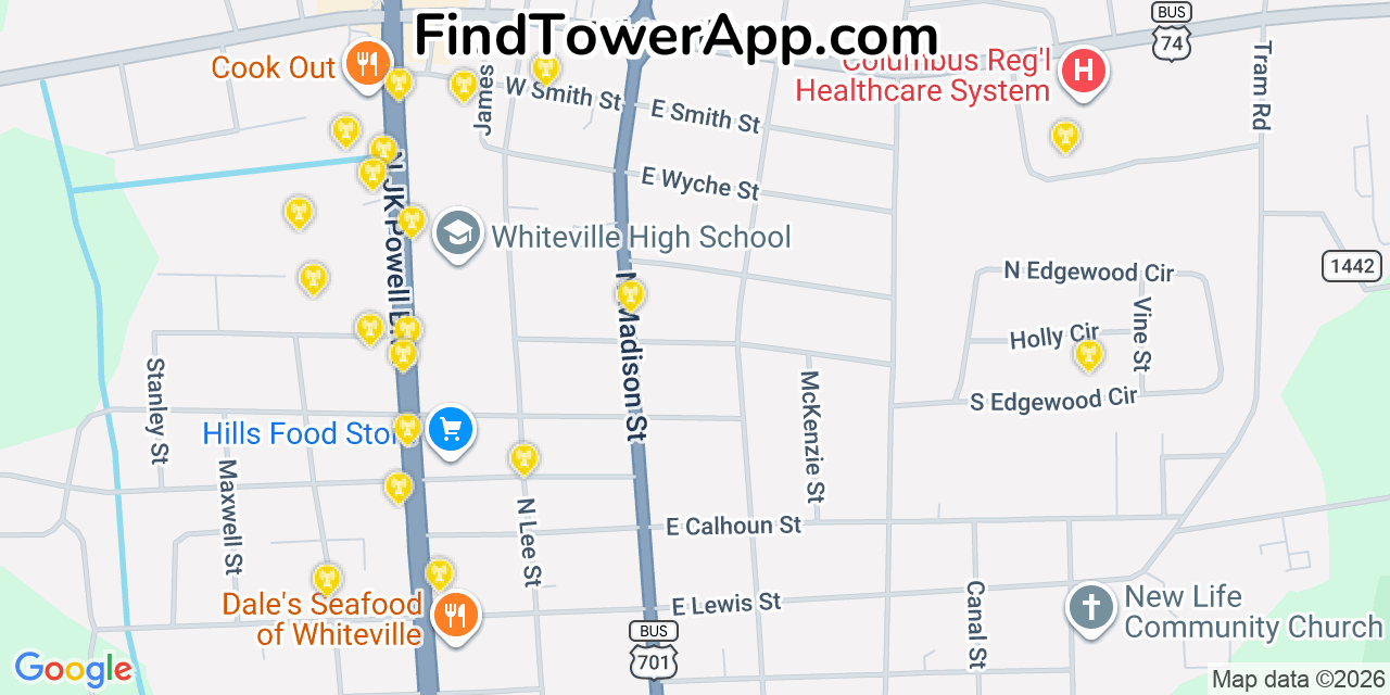 Map showing the 20 primary cell tower locations detected in Whiteville, North Carolina from AT&T, Verizon, and T-Mobile networks