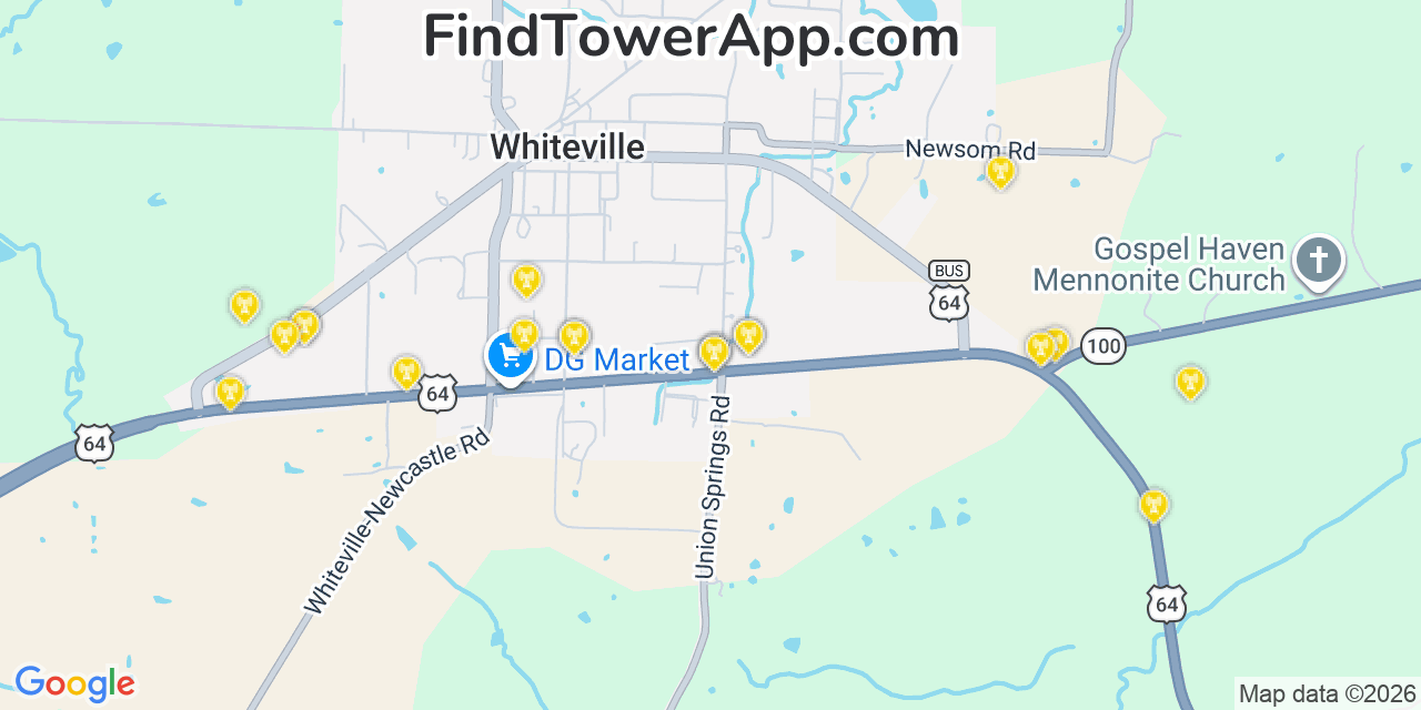 Map showing the 20 primary cell tower locations detected in Whiteville, Tennessee from AT&T, Verizon, and T-Mobile networks