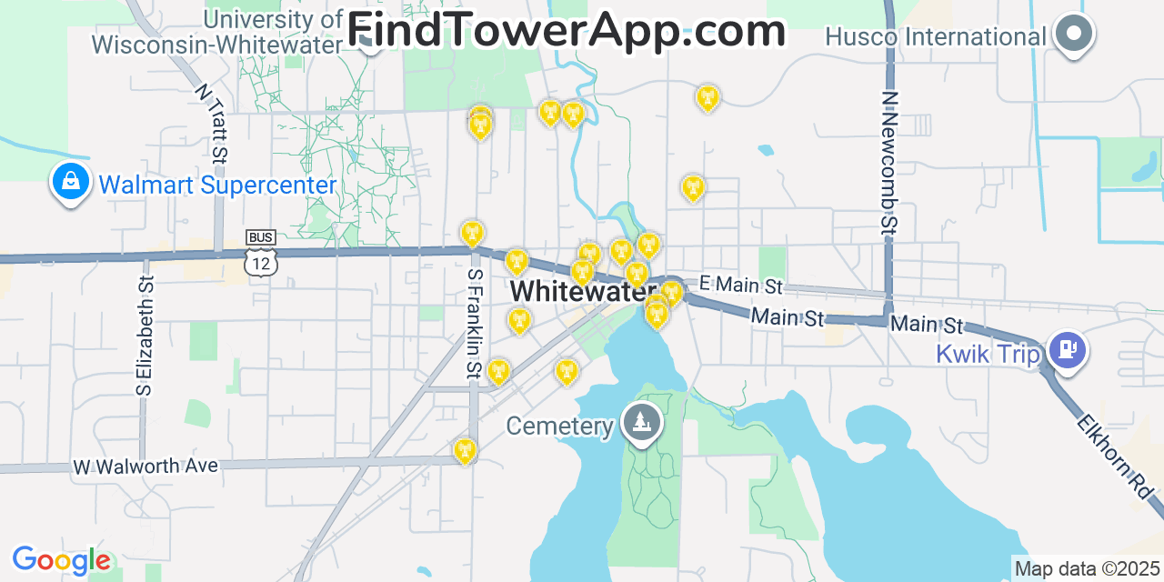 Map showing the 20 primary cell tower locations detected in Whitewater, Wisconsin from AT&T, Verizon, and T-Mobile networks