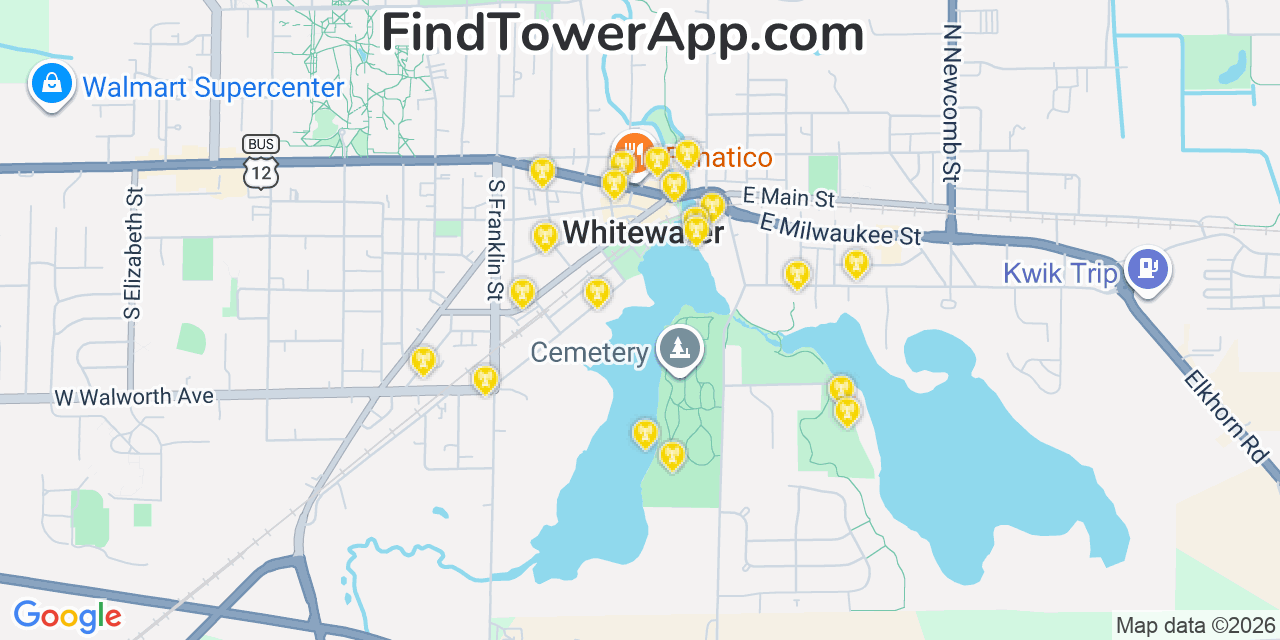 Map showing the 20 primary cell tower locations detected in Whitewater, Wisconsin from AT&T, Verizon, and T-Mobile networks