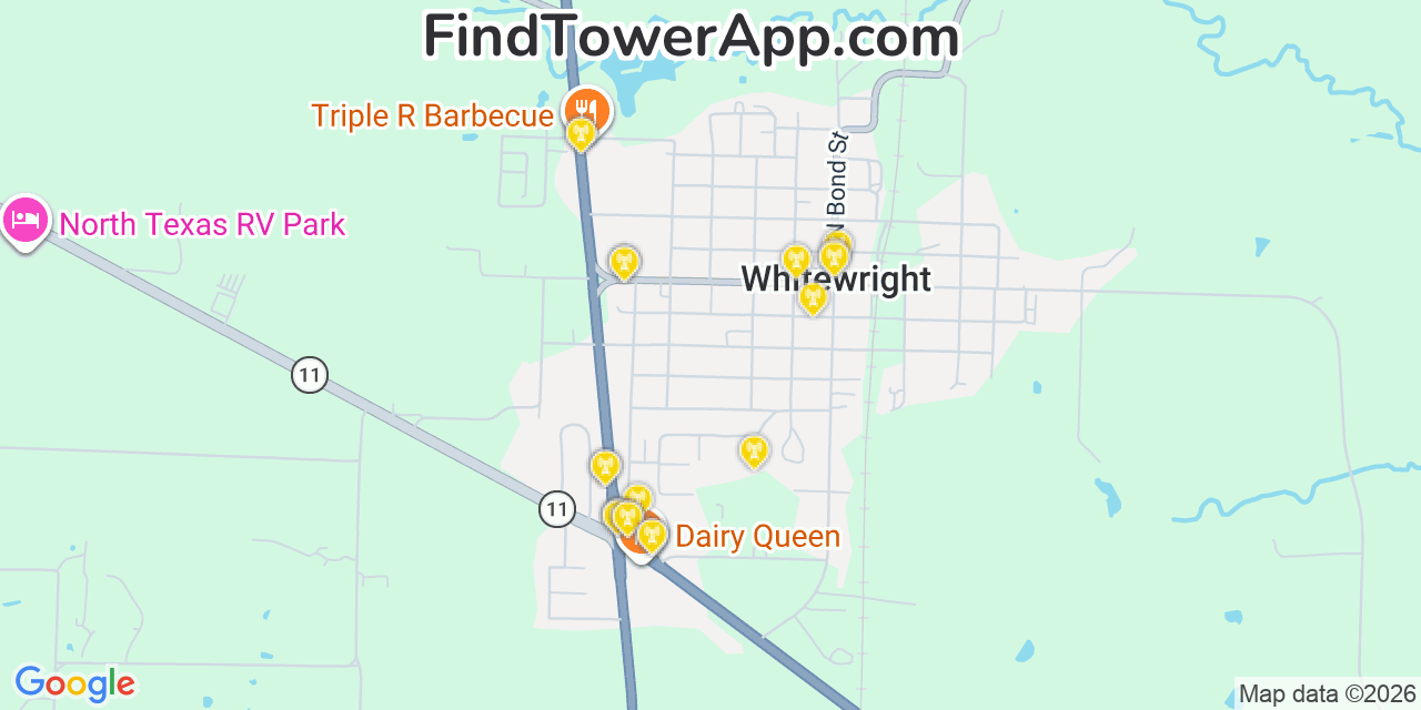 Map showing the 20 primary cell tower locations detected in Whitewright, Texas from AT&T, Verizon, and T-Mobile networks