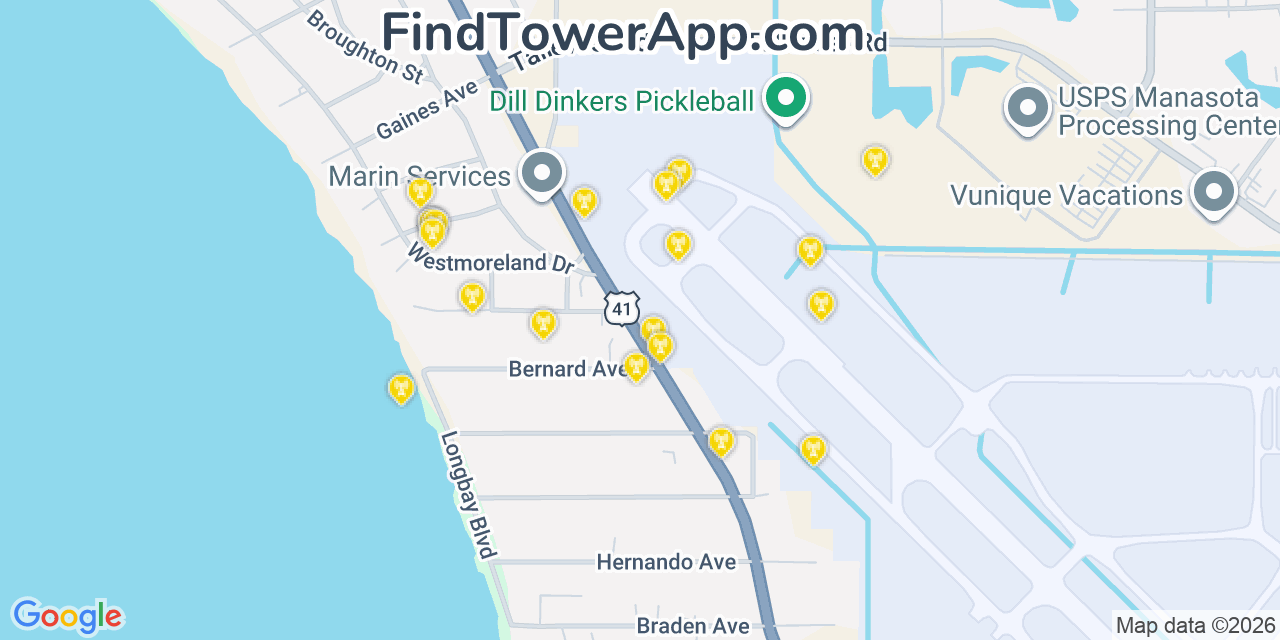 Map showing the 20 primary cell tower locations detected in Whitfield, Florida from AT&T, Verizon, and T-Mobile networks