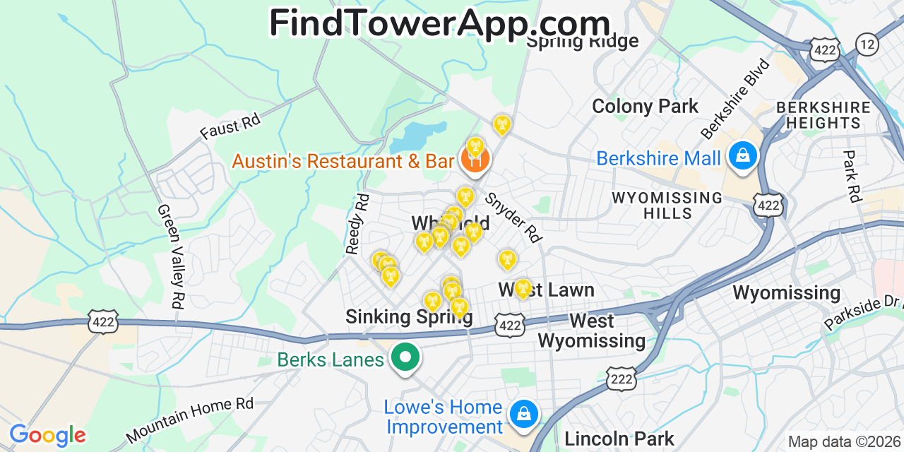 Map showing the 20 primary cell tower locations detected in Whitfield, Pennsylvania from AT&T, Verizon, and T-Mobile networks