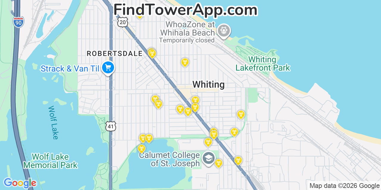 Map showing the 20 primary cell tower locations detected in Whiting, Indiana from AT&T, Verizon, and T-Mobile networks