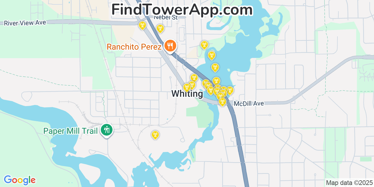 Map showing the 20 primary cell tower locations detected in Whiting, Wisconsin from AT&T, Verizon, and T-Mobile networks