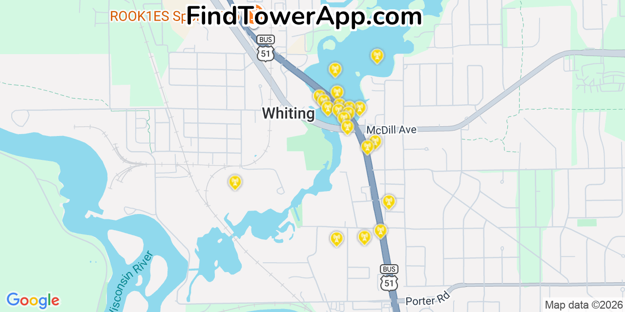 Map showing the 20 primary cell tower locations detected in Whiting, Wisconsin from AT&T, Verizon, and T-Mobile networks