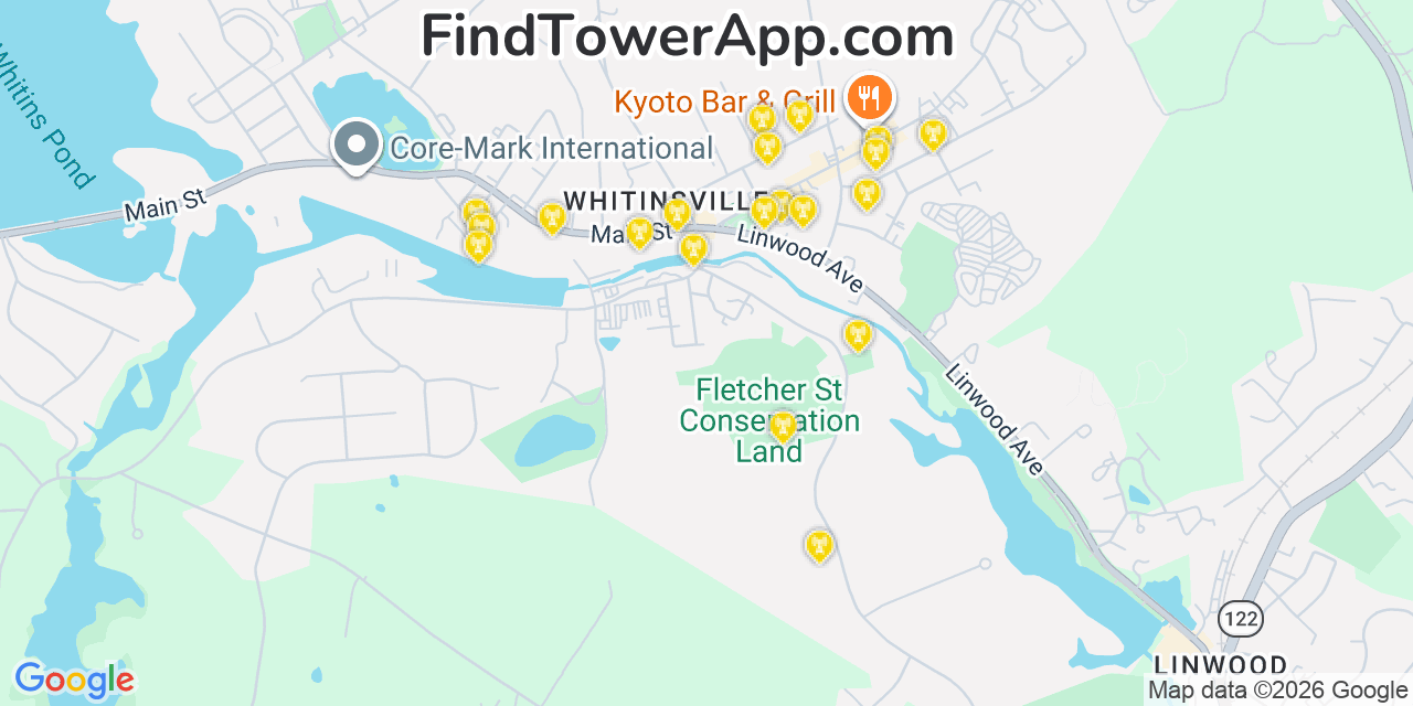 Map showing the 20 primary cell tower locations detected in Whitinsville, Massachusetts from AT&T, Verizon, and T-Mobile networks