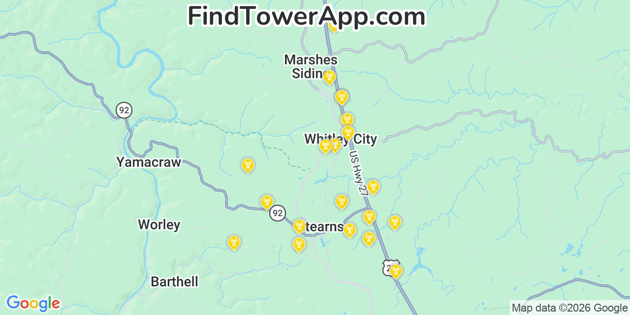 Map showing the 20 primary cell tower locations detected in Whitley City, Kentucky from AT&T, Verizon, and T-Mobile networks