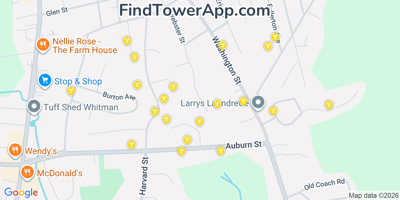 Map showing the 20 primary cell tower locations detected in Whitman, Massachusetts from AT&T, Verizon, and T-Mobile networks
