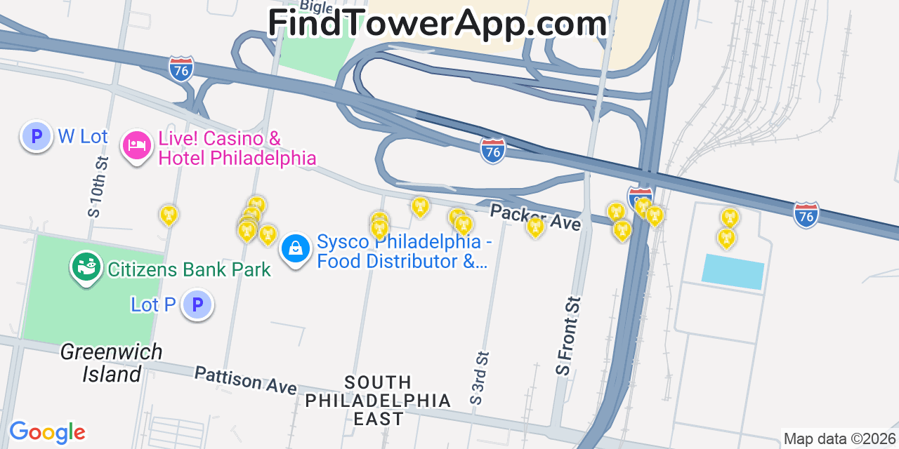 Map showing the 20 primary cell tower locations detected in Whitman, Pennsylvania from AT&T, Verizon, and T-Mobile networks
