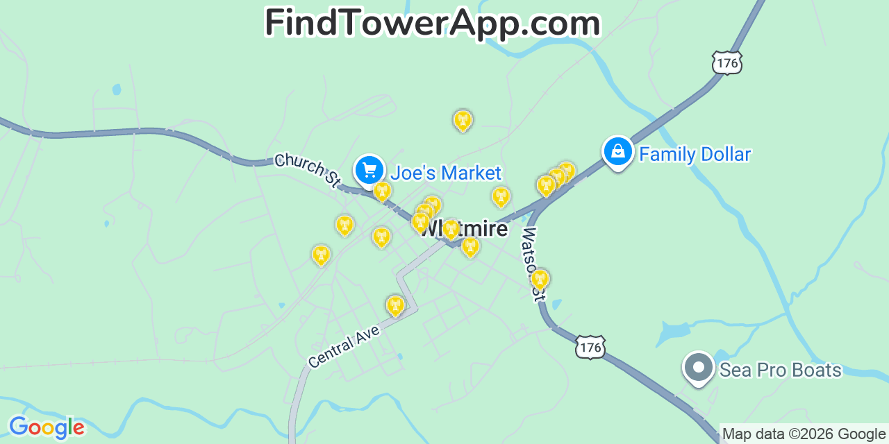 Map showing the 20 primary cell tower locations detected in Whitmire, South Carolina from AT&T, Verizon, and T-Mobile networks