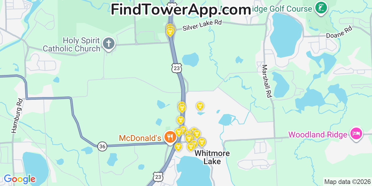 Map showing the 20 primary cell tower locations detected in Whitmore Lake, Michigan from AT&T, Verizon, and T-Mobile networks