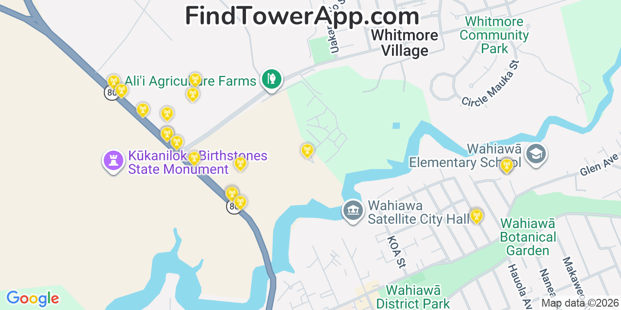 Map showing the 20 primary cell tower locations detected in Whitmore Village, Hawaii from AT&T, Verizon, and T-Mobile networks