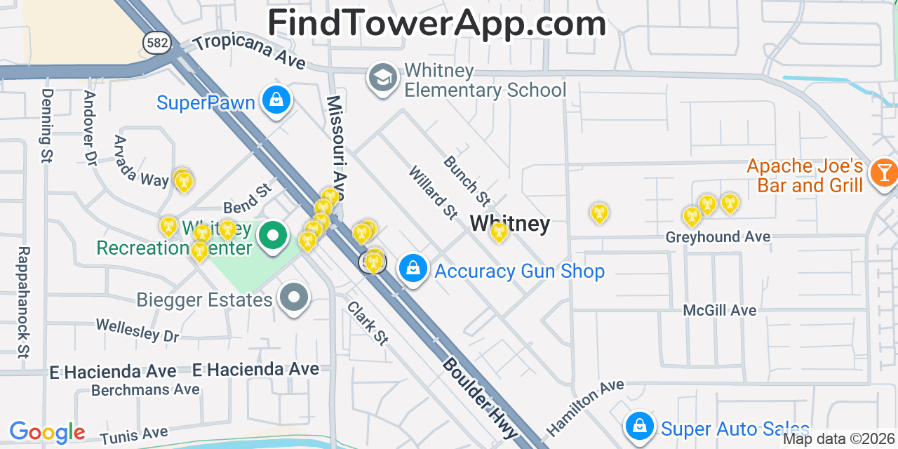 Map showing the 20 primary cell tower locations detected in Whitney, Nevada from AT&T, Verizon, and T-Mobile networks