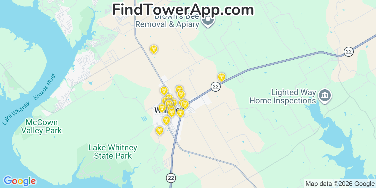 Map showing the 20 primary cell tower locations detected in Whitney, Texas from AT&T, Verizon, and T-Mobile networks