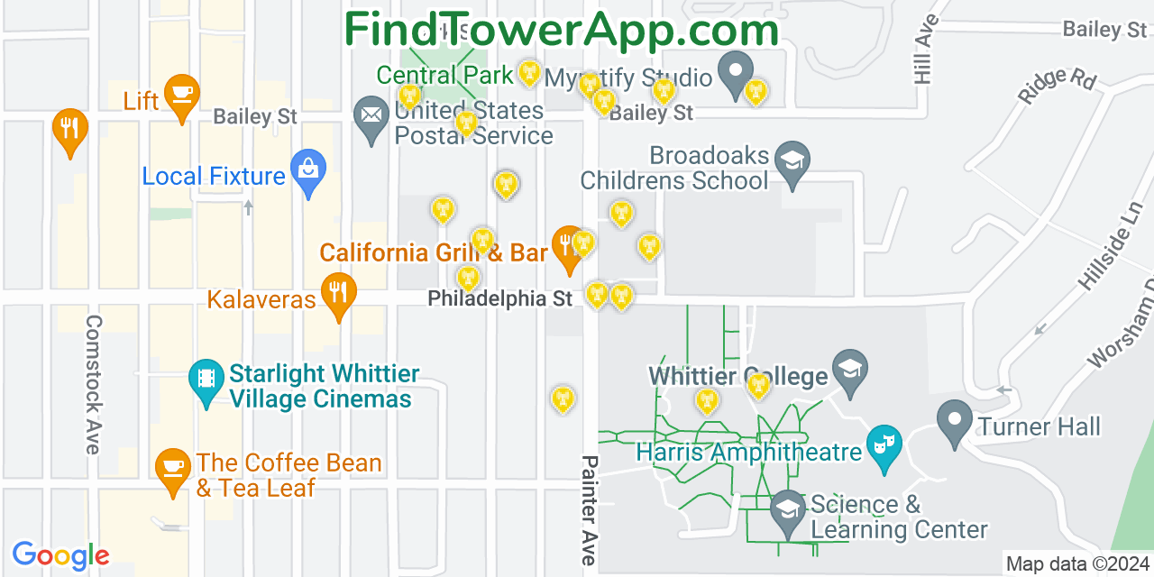 AT&T 4G/5G cell tower coverage map Whittier, California