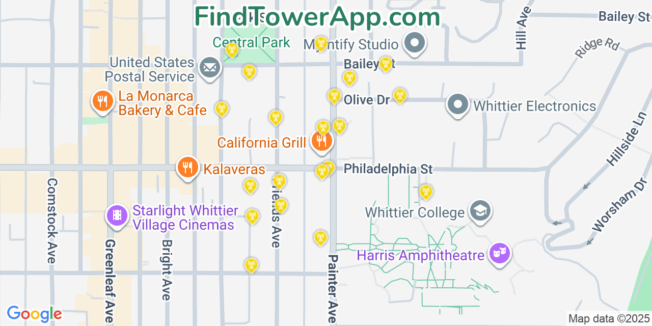 Map showing the 20 primary cell tower locations detected in Whittier, California from AT&T, Verizon, and T-Mobile networks