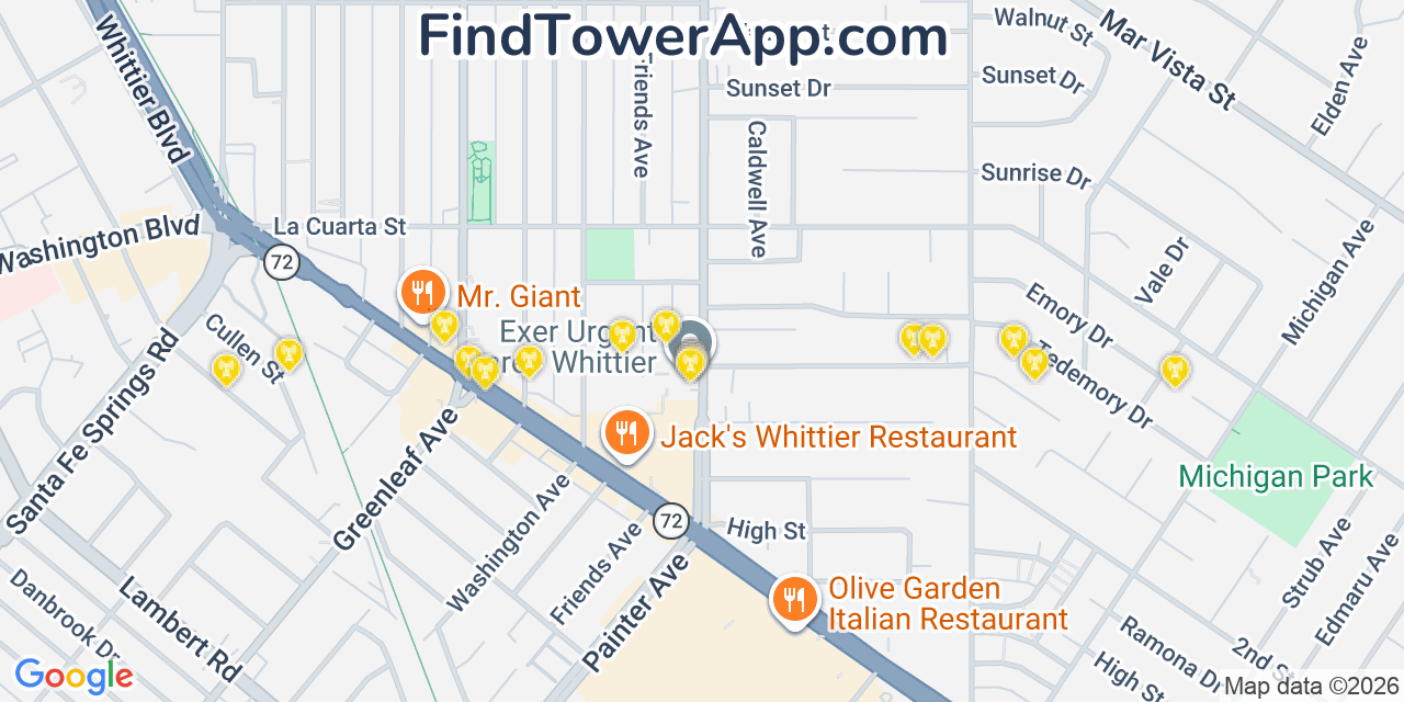 Map showing the 20 primary cell tower locations detected in Whittier, California from AT&T, Verizon, and T-Mobile networks