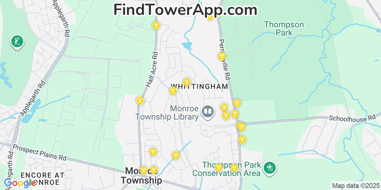 Map showing the 20 primary cell tower locations detected in Whittingham, New Jersey from AT&T, Verizon, and T-Mobile networks