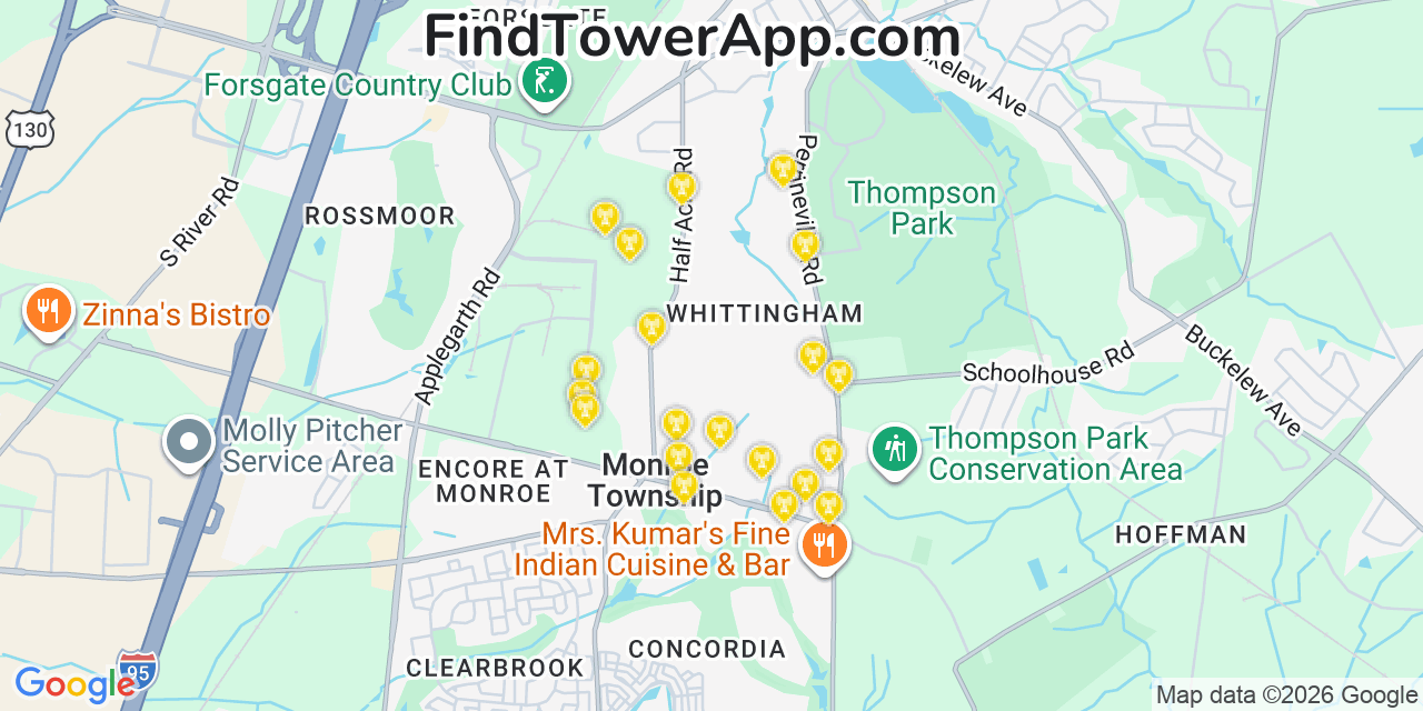 Map showing the 20 primary cell tower locations detected in Whittingham, New Jersey from AT&T, Verizon, and T-Mobile networks