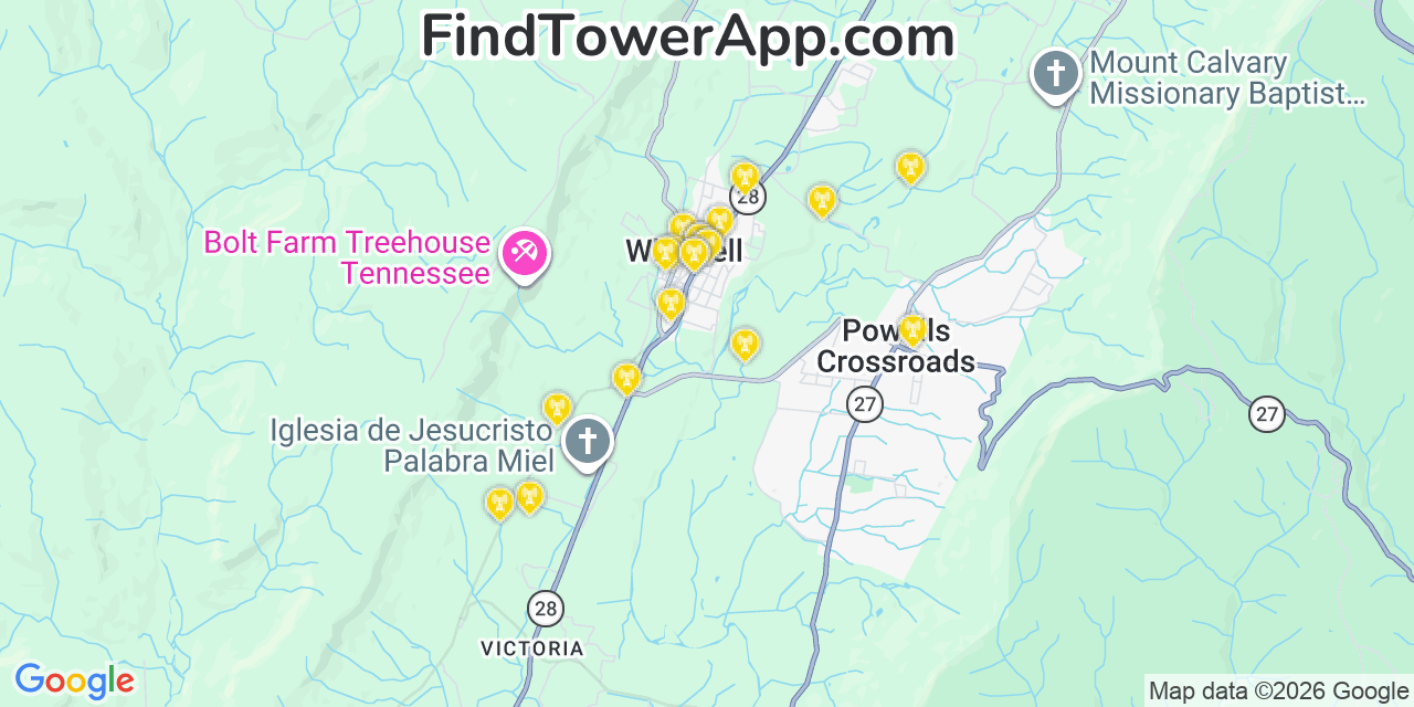 Map showing the 20 primary cell tower locations detected in Whitwell, Tennessee from AT&T, Verizon, and T-Mobile networks