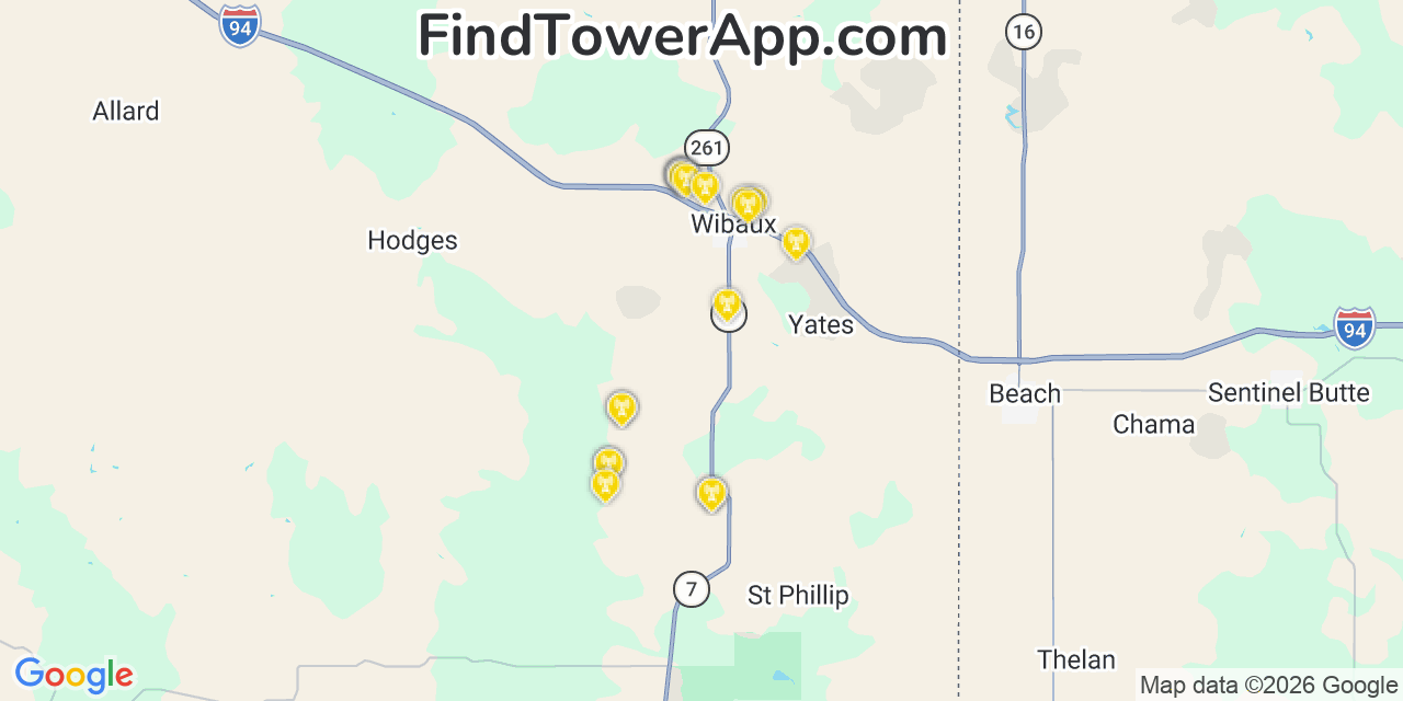 Map showing the 20 primary cell tower locations detected in Wibaux, Montana from AT&T, Verizon, and T-Mobile networks