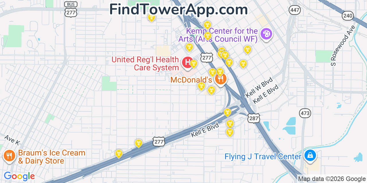 Map showing the 20 primary cell tower locations detected in Wichita Falls, Texas from AT&T, Verizon, and T-Mobile networks