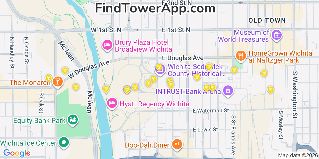 Map showing the 20 primary cell tower locations detected in Wichita, Kansas from AT&T, Verizon, and T-Mobile networks