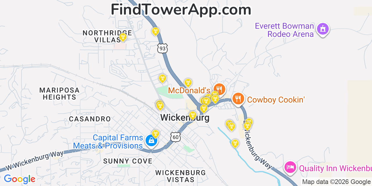 Map showing the 20 primary cell tower locations detected in Wickenburg, Arizona from AT&T, Verizon, and T-Mobile networks