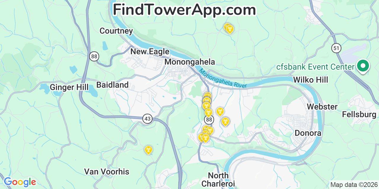 Map showing the 20 primary cell tower locations detected in Wickerham Manor-Fisher, Pennsylvania from AT&T, Verizon, and T-Mobile networks