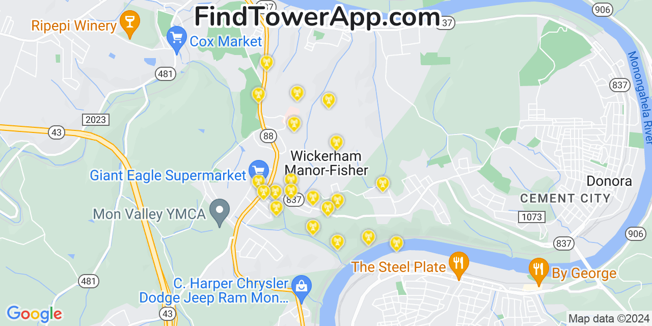 Verizon 4G/5G cell tower coverage map Wickerham Manor Fisher, Pennsylvania