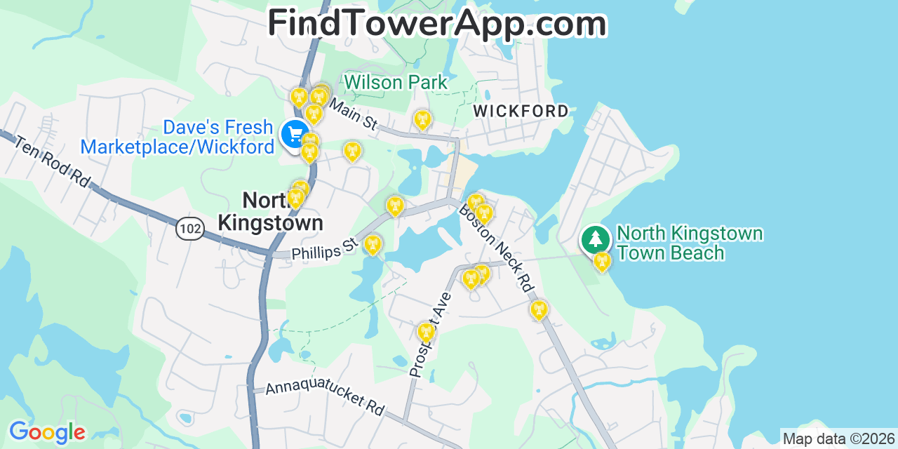 Map showing the 20 primary cell tower locations detected in Wickford, Rhode Island from AT&T, Verizon, and T-Mobile networks