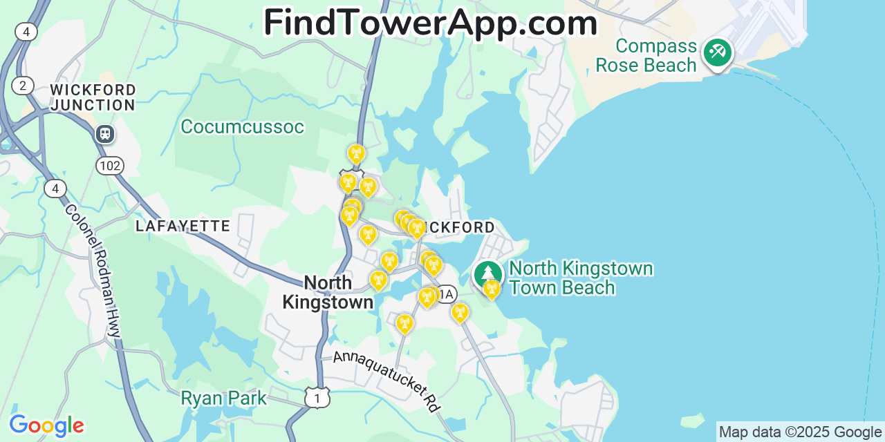 Map showing the 20 primary Verizon cell tower locations detected in Wickford, Rhode Island with coverage radius and signal strength indicators