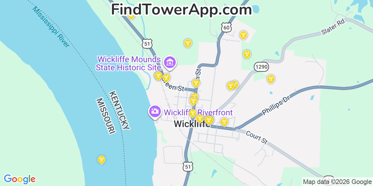 Map showing the 20 primary cell tower locations detected in Wickliffe, Kentucky from AT&T, Verizon, and T-Mobile networks
