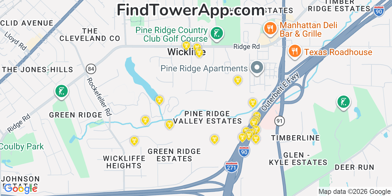 Map showing the 20 primary cell tower locations detected in Wickliffe, Ohio from AT&T, Verizon, and T-Mobile networks