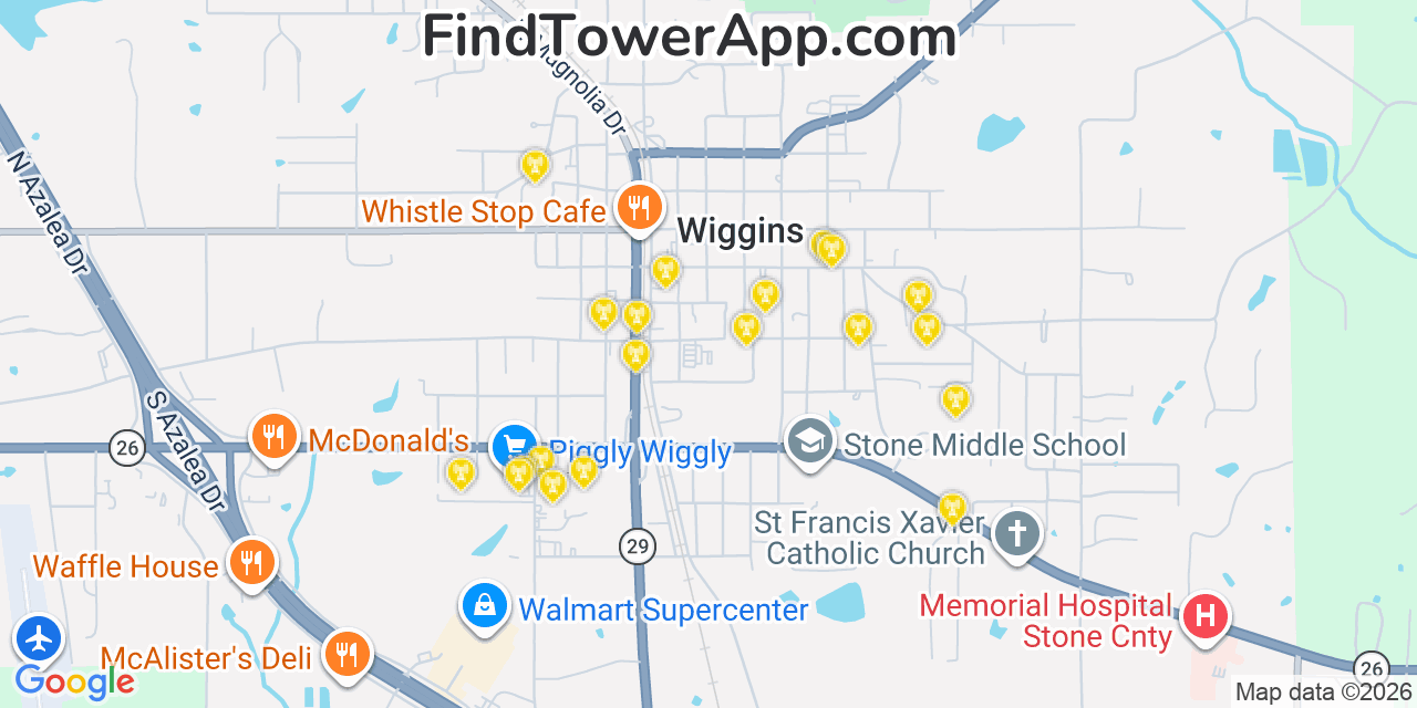 Map showing the 20 primary cell tower locations detected in Wiggins, Mississippi from AT&T, Verizon, and T-Mobile networks
