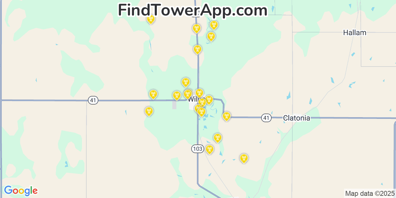 Map showing the 20 primary cell tower locations detected in Wilber, Nebraska from AT&T, Verizon, and T-Mobile networks