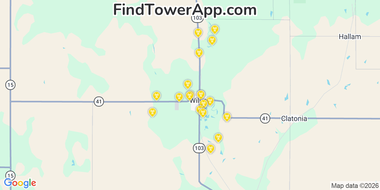 Map showing the 20 primary cell tower locations detected in Wilber, Nebraska from AT&T, Verizon, and T-Mobile networks