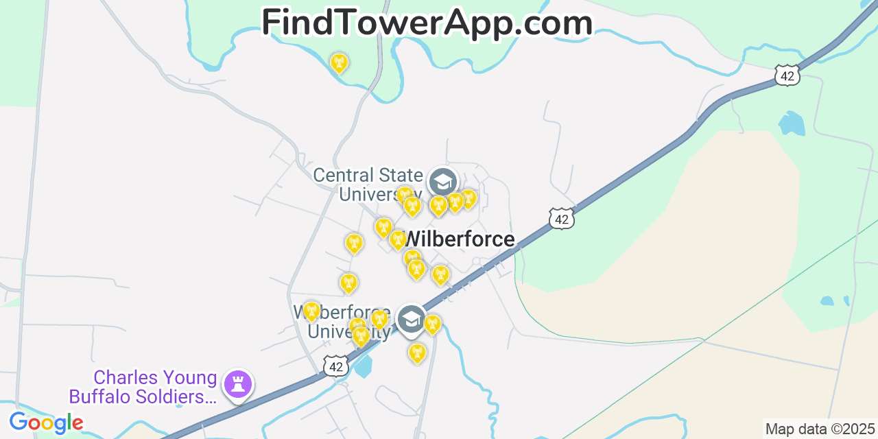 Map showing the 20 primary cell tower locations detected in Wilberforce, Ohio from AT&T, Verizon, and T-Mobile networks