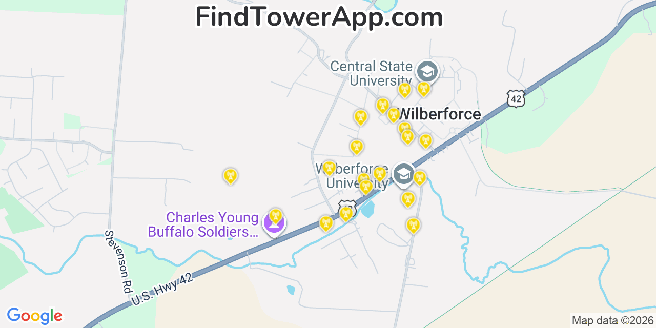 Map showing the 20 primary cell tower locations detected in Wilberforce, Ohio from AT&T, Verizon, and T-Mobile networks