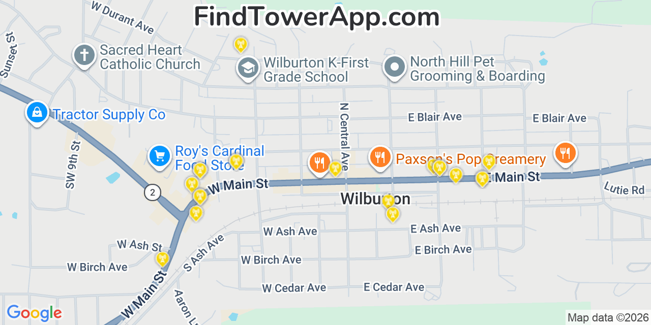Map showing the 20 primary cell tower locations detected in Wilburton, Oklahoma from AT&T, Verizon, and T-Mobile networks