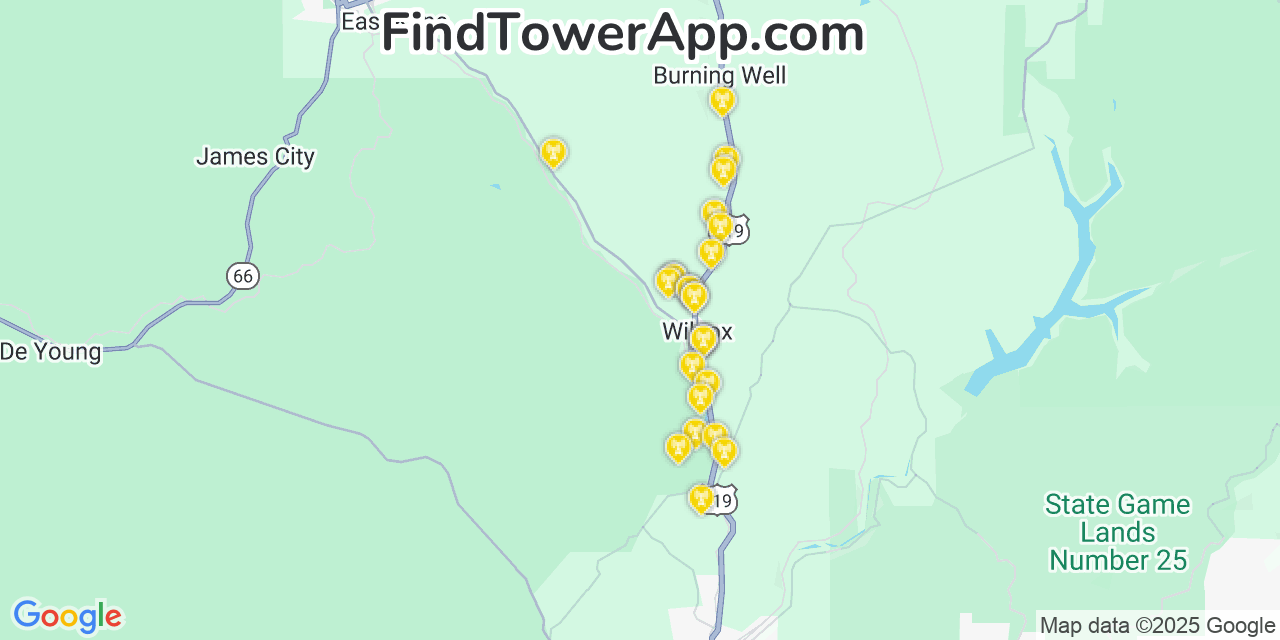 Map showing the 26 primary AT&T cell tower locations detected in Wilcox, Pennsylvania with coverage radius and signal strength indicators