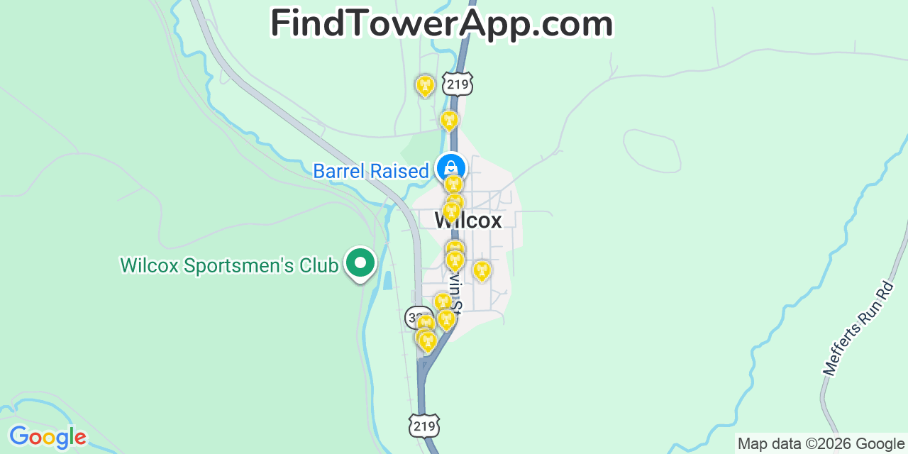 Map showing the 20 primary cell tower locations detected in Wilcox, Pennsylvania from AT&T, Verizon, and T-Mobile networks