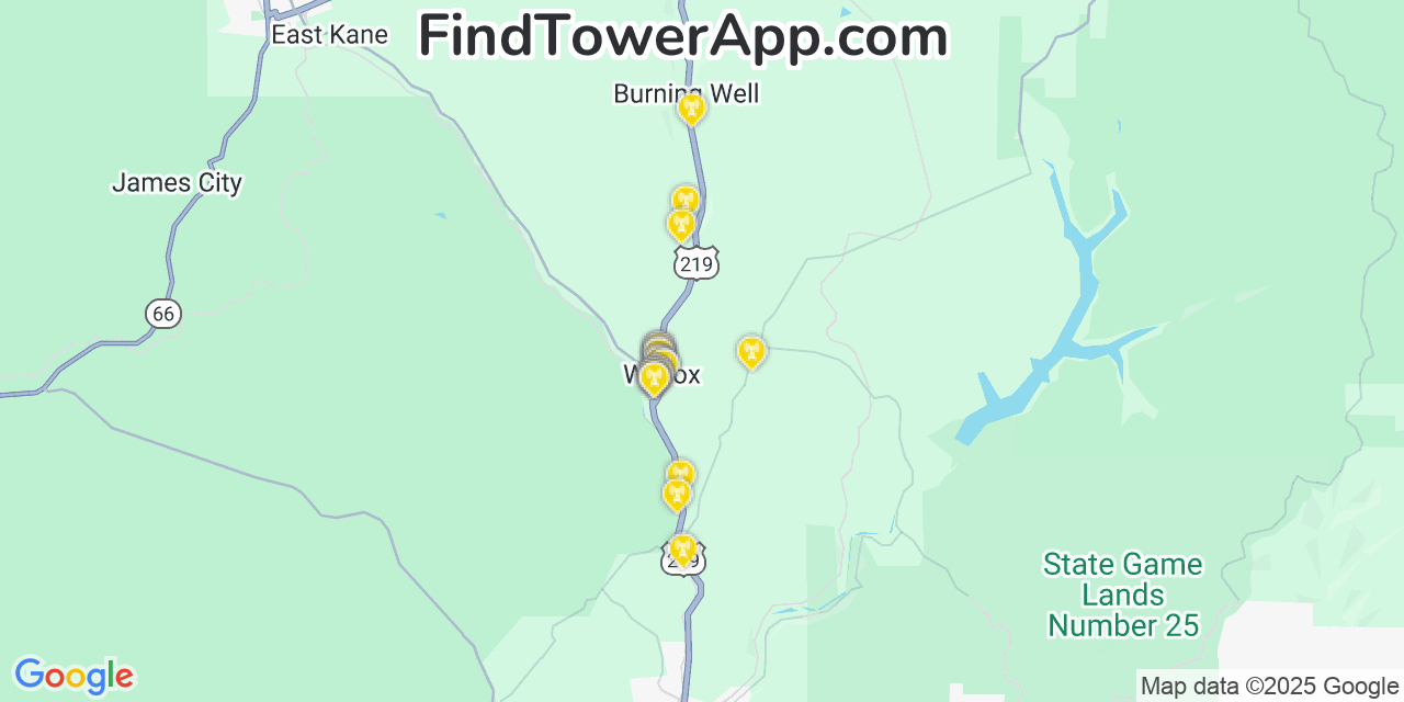 Map showing the 29 primary T-Mobile cell tower locations detected in Wilcox, Pennsylvania with coverage radius and signal strength indicators