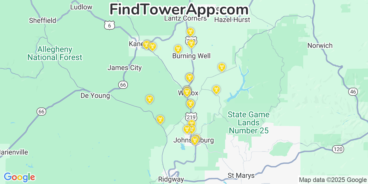 Map showing the 26 primary Verizon cell tower locations detected in Wilcox, Pennsylvania with coverage radius and signal strength indicators