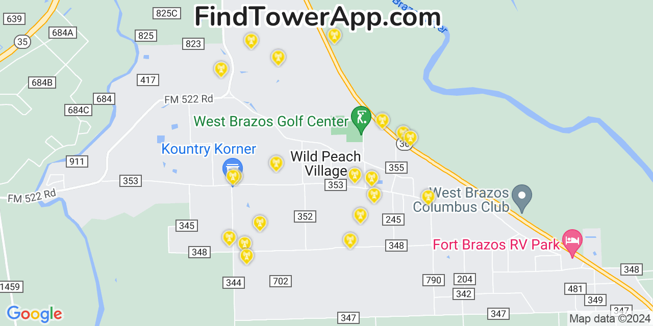 AT&T 4G/5G cell tower coverage map Wild Peach Village, Texas