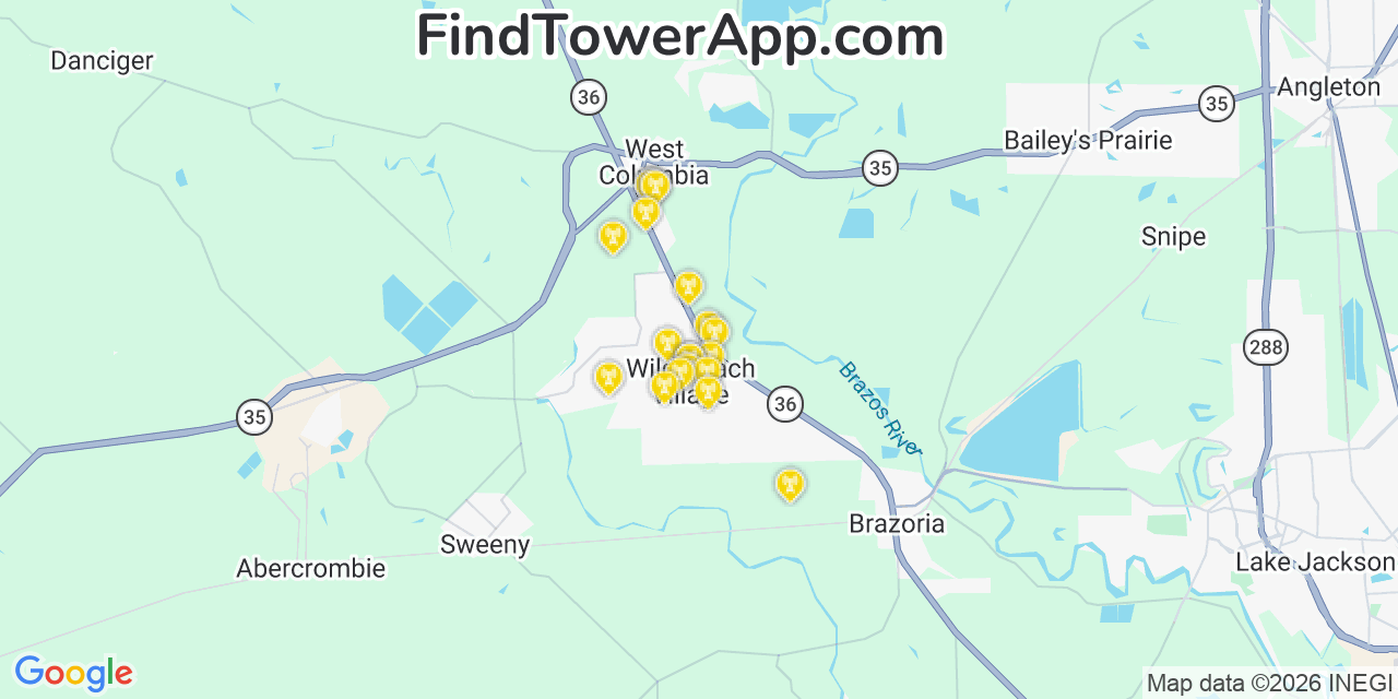 Map showing the 20 primary cell tower locations detected in Wild Peach Village, Texas from AT&T, Verizon, and T-Mobile networks